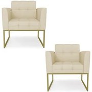 Poltrona Base Industrial Dourado Kit 2 Ana Veludo Luxo Off White - Ibi