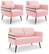 Kit 01 Namoradeira 02 Lugares e 02 Poltronas Mari Suede Pés Palito de Ferro D03 - D'Rossi - Rosa Bebê