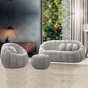 Sofá 2 Lugares com Puff e Poltrona Giratória Orgânica Cloud Bouclê E03 - D'Rossi - Cinza claro