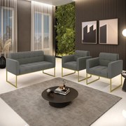 Kit 1 Sofá Namoradeira e 2 Poltronas Elisa Suede Base Metálica Industrial Dourado D03 - D'Rossi - Grafite