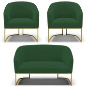 Namoradeira e 2 Poltronas Industrial Dourado Stella Veludo D03 - D'Rossi - Verde