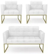 Sofá Namoradeira e 2 Poltronas Base Industrial Dourado Ana Sintético P
