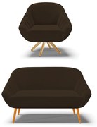 Kit 01 Namoradeira 02 Lugares e 01 Poltrona Giratória Giovana Suede Base Madeira MA30 - DRossi - Marrom