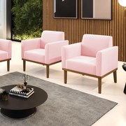 Kit 2 Poltronas Base de Madeira Fixa Castanho Marisa Suede - Rosa Bebê