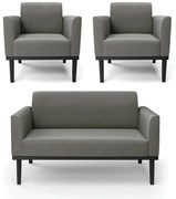 Sofá Namoradeira com 2 Poltronas Base de Madeira Fixa Preto Marisa Suede - Grafite