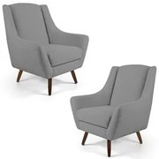 Kit 02 Poltronas Decorativas Juliet Pés de Madeira C-416 Linho Cinza E