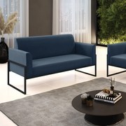 Sofá Namoradeira Base Industrial Alta Preto Marisa Suede - Azul Marinho