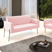 Sofá Namoradeira 2 Lugares Pé de Ferro Dourado Marisa Suede - Rosa Bebê
