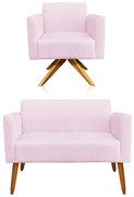 KIT 01 NAMORADEIRA E 01 POLTRONA MARISA SUEDE BASE GIRATORIA MADEIRA MA30 DROSSI - Rosa Bebê