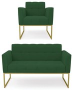 Kit 1 Sofá Namoradeira e 1 Poltrona Elisa Veludo Base Metálica Industrial Dourado D03 - D'Rossi - Verde