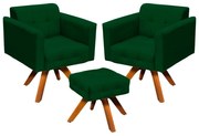 Kit 02 Poltronas Giratória Elisa e 01 Puff Suede Base Madeira MM30 D'Rossi - Verde