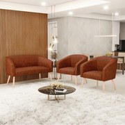 Namoradeira e 2 Poltronas Pé Palito Natural Stella Sintético PU D03 - D'Rossi  - Nozes