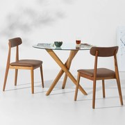 Conjunto Mesa de Jantar Thai Redonda Vidro Incolor - 1,10m + 2 Cadeiras Nord Encosto Estofado - Cognac