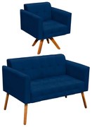 Kit 01 Namoradeira e 01 Poltrona Giratória Elisa Suede Base Madeira MM30 D03 - D'Rossi - Azul Marinho