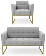 Kit 1 Sofá Namoradeira e 1 Poltrona Elisa Suede Base Metálica Industrial Dourado D03 - D'Rossi - Cinza