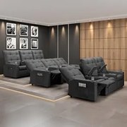 Poltrona de Cinema Reclinável 3 Lugares Baú USB Mallie FH9 Linho Grafi