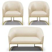 Namoradeira e 2 Poltronas Industrial Dourado Stella Sintético Bege D03 - D'Rossi