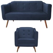 Kit Sofá Namoradeira + Poltrona Bruna Suede Azul Marinho Pé Palito