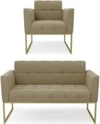 Sofá Namoradeira e 1 Poltrona Base Industrial Dourado Ana Suede Marrom