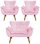 Namoradeira e 2 Poltronas Pé Palito Castanho Opala Suede - Rosa Bebê