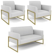 Sofá Namoradeira com 2 Poltronas Base Industrial Alta Dourado Marisa Linho Cinza A05