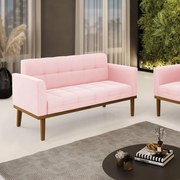 Sofá Namoradeira Base de Madeira Castanho Elisa Suede D03 - D'Rossi  - Rosa Bebê