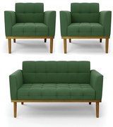 Namoradeira com 2 Poltronas Base de Madeira Castanho Elisa Suede D03 - D'Rossi - Verde
