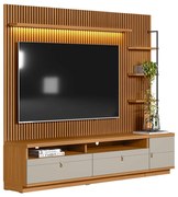Painel para TV até 75 Polegadas Ripado Betina com Rack Bancada e Módulo Lateral Direito Nature e Off White 224x198 cm L04 - D'Rossi