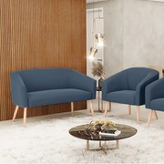 Sofá Namoradeira e Poltrona Pé Palito Natural Stella Suede D03 - D'Rossi - Azul Marinho
