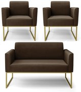 Sofá Namoradeira com 2 Poltronas Base Industrial Dourado Marisa Suede - Marrom