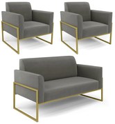 Sofá Namoradeira com 2 Poltronas Base Industrial Alta Dourado Marisa Suede D03 - DRossi - Grafite