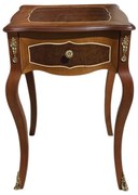 Mesa Lateral Louis XV Quadrada Design com Gaveta Estrutura Madeira Maciça Detalhes em Marchetaria Apliques em Metal