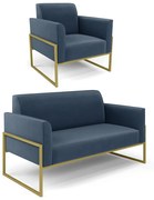 Sofá Namoradeira com Poltrona Base Industrial Alta Dourado Marisa Suede D03 - DRossi - Azul Marinho