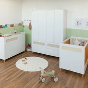 Kit Quarto Infantil Ollie - Berço Mini Cama + Cômoda 3 Gavetas e 1 Porta + Guarda-Roupa 4 Portas - Branco Fosco