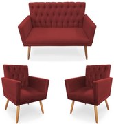 Kit 2 Poltronas 1 Namoradeira Clara Capitonê Pés Palito Suede Vermelho - Sheep Estofados