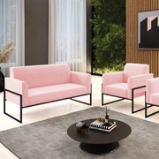 Sofá Namoradeira com Poltrona Base Industrial Alta Preto Marisa Suede - Rosa Bebê