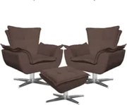 Kit 2 Poltronas Decorativas Base Giratória Cromada com Puff Opla Suede