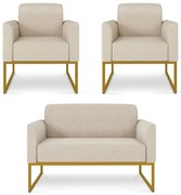 Sofá Namoradeira com 2 Poltronas Base Industrial Dourado Marisa Linho - A27 Areia