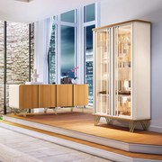 Conjunto Cristaleira Buffet com LED Portas de Vidro Pés Aço Maciço Cor Dourado Texas/Virginia Off White/Cinamomo G26 - Gran belo
