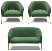 Namoradeira e 2 Poltronas Pé de Ferro Dourado Stella Suede D03 - D'Rossi  - Verde