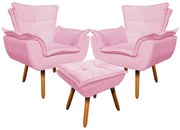 02 Poltronas e 01 Puff Pé Palito de Madeira Opala Suede - Rosa Bebê