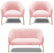 Namoradeira e 2 Poltronas Pé de Ferro Dourado Stella Suede D03 - D'Rossi  - Rosa Bebê