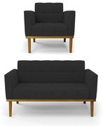 Sofá Namoradeira e Poltrona Base de Madeira Castanho Elisa Veludo D03 - D'Rossi  - Preto