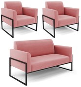 Sofá Namoradeira com 2 Poltronas Base Industrial Alta Preto Marisa Suede - Rose