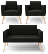 Sofá Namoradeira com 2 Poltronas Pés Palito Natural Marisa Suede - Preto