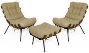Kit 2 Poltronas Decorativa Costela Com Puff Costela Suede  Nude