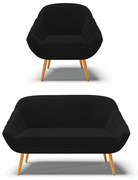 Kit 01 Namoradeira 02 Lugares e 01 Poltrona Giovana Linho Pés Palito Castanho - Indo Decorar - A79 Preto
