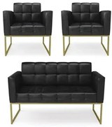 Sofá Namoradeira e 2 Poltronas Base Industrial Dourado Ana Sintético P