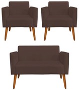 Conjunto Namoradeira e 2 Poltronas Decorativas Isabella Pés Palito Madeira Suede Marrom G19 - Gran Belo