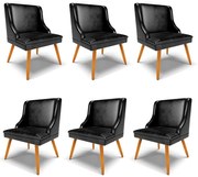 Kit 6 Cadeiras Decorativas Sala de Jantar Pés Palito de Madeira Firenze PU Preto Brilho/Natural G19 - Gran Belo